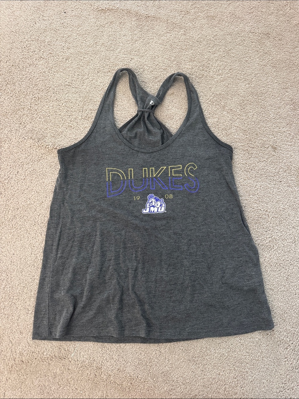 Champion Charcoal Racerback Tank with Yellow and Purple Dukes Graphics